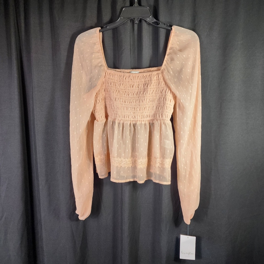 Love Fire Pink Swiss Dot Smocked Peplum‎ Blouse Square Neck Long Sleeve Size L